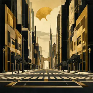 A city street scene in the style of Art Deco — geometric sha