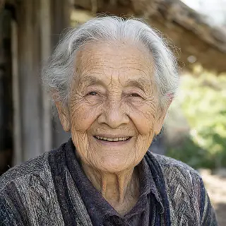 An elderly woman in her 80s with deep wrinkles and white hai