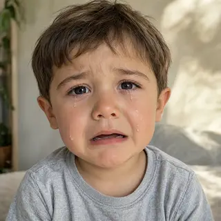 A 5-year-old child with round cheeks and large eyes, crying 