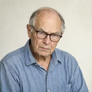 An elderly man in his 70s with age spots and thinning gray h