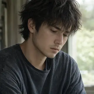 A face showing quiet melancholy — downcast eyes, slightly dr