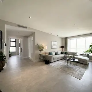 A wide-angle shot of a modern living room interior showing e