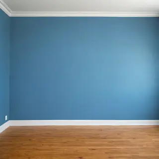 A room with walls in #4A90D9 (medium blue) with warm wooden 