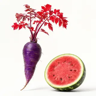 A purple carrot, a red tree with red leaves, and a white wat