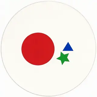 A large red circle, a small blue triangle, and a medium gree