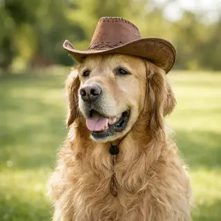 A golden retriever wearing a tiny cowboy hat