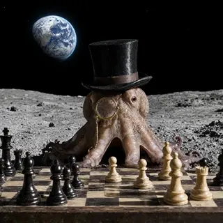 An octopus wearing a top hat and monocle playing chess on th