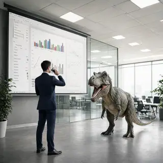 A dinosaur in a business suit giving a PowerPoint presentati