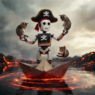 A robot dressed as a pirate sailing a paper boat on a lake o