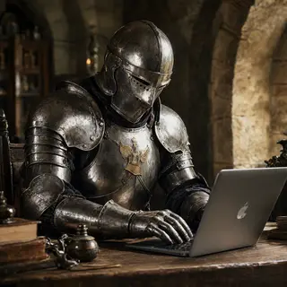 A medieval knight in full armor sitting at a desk typing on 