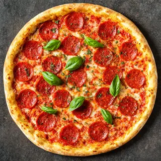 A pepperoni pizza with tomato sauce, basil, and crust but ab