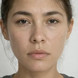 A human face with eyes, nose, and mouth but no eyebrows