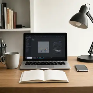 A desk scene: laptop in the center, coffee mug to the left, 