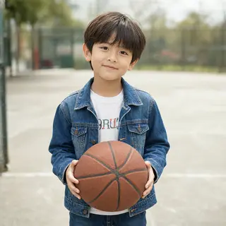 A child holding a basketball, both at correct relative sizes