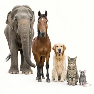 A group photo of an elephant, a horse, a dog, a cat, and a m