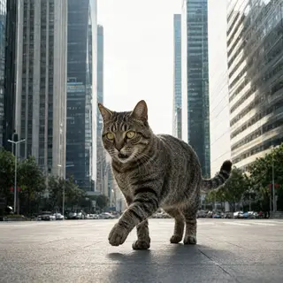 A giant tabby cat walking between city skyscrapers like a ka