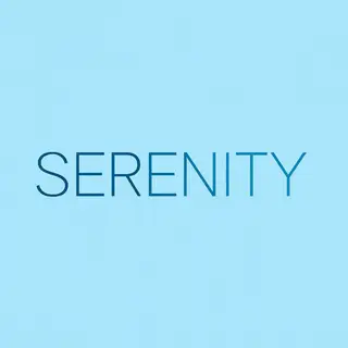 The word 'SERENITY' written large and centered on a solid li