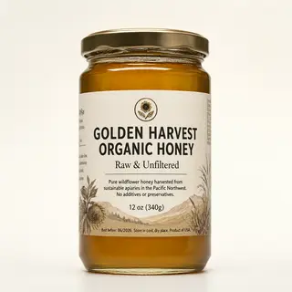 A product label for 'GOLDEN HARVEST ORGANIC HONEY' with subt
