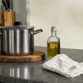 A kitchen counter with a stainless steel pot, a wooden cutti