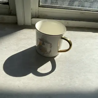 A coffee mug on a sunny windowsill casting a sharp shadow to
