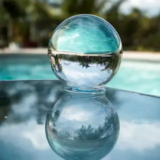 A clear glass sphere sitting on a mirror surface near a pool