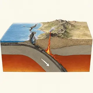 A cross-section showing tectonic plates at a convergent boun