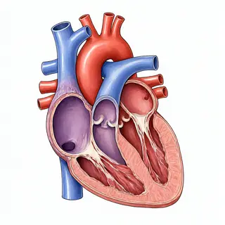 An anatomical illustration of the human heart showing four c