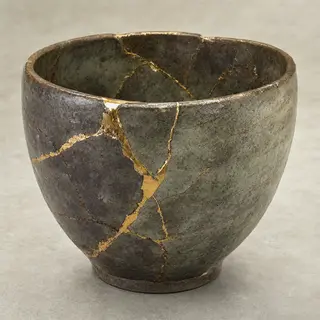 A Japanese kintsugi bowl — cracked ceramic repaired with vis