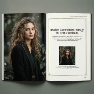 A fashion magazine spread with a full-bleed left-page photo,