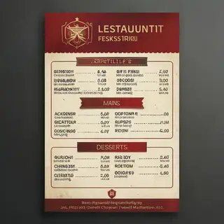 A restaurant menu layout with a logo header, three category 