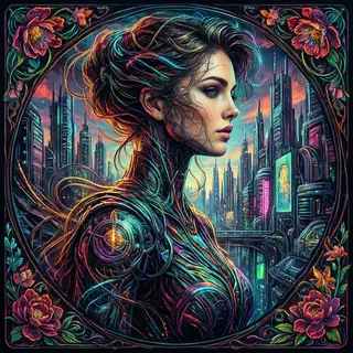 A woman in a futuristic city rendered in cyberpunk Art Nouve