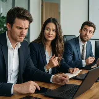 Three coworkers in a meeting: one looking frustrated with fu