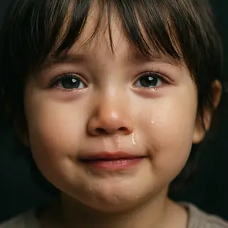 A 5-year-old child with round cheeks and large eyes, crying 
