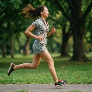 A woman mid-stride running through a park, hair and clothes 