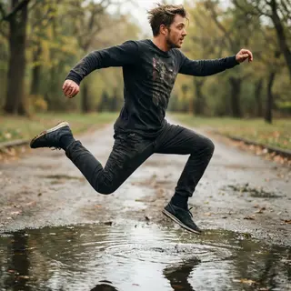 A man captured mid-jump over a puddle, body in the air with 