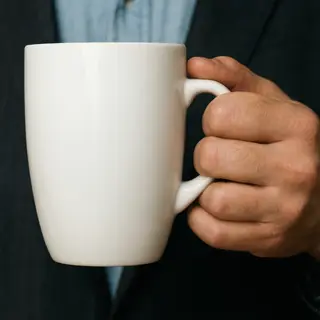 A person holding a white ceramic coffee mug by the handle wi