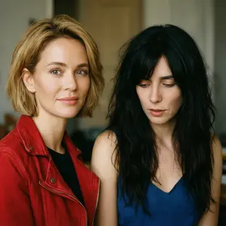 Two women standing side by side: one with short blonde hair 
