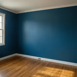 A room with walls in #4A90D9 (medium blue) with warm wooden 