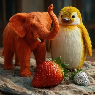 An orange elephant, a yellow penguin, and a silver strawberr