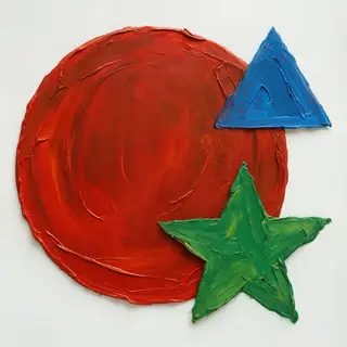 A large red circle, a small blue triangle, and a medium gree