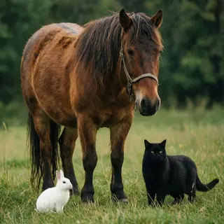A big brown horse, a small white rabbit, and a medium-sized 