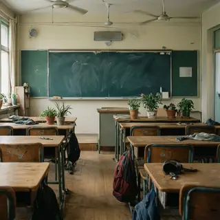 A classroom with desks and a chalkboard but no students