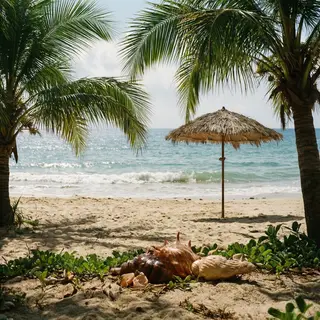 A sandy beach with palm trees, seashells, and a beach umbrel