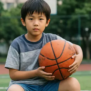 A child holding a basketball, both at correct relative sizes