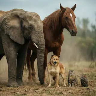 A group photo of an elephant, a horse, a dog, a cat, and a m
