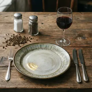 A dinner table scene with a plate, fork, knife, wine glass, 