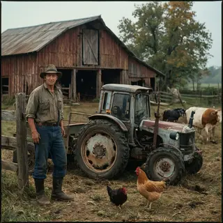A farm scene with a barn, tractor, farmer, cow, chicken, and