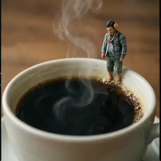 A tiny person standing on the rim of a coffee cup, looking d