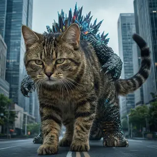 A giant tabby cat walking between city skyscrapers like a ka