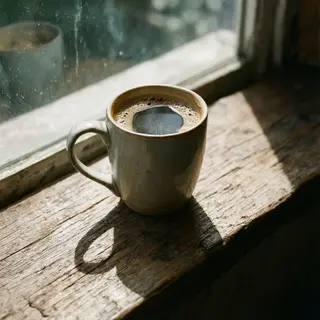 A coffee mug on a sunny windowsill casting a sharp shadow to